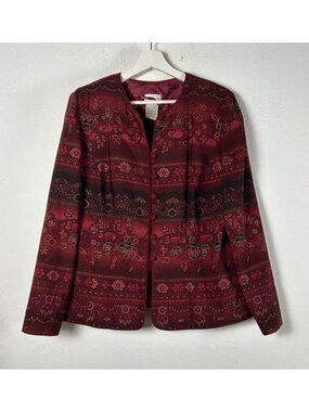 Vintage Koret Women's Floral Tapestry Jacket Burgundy Red Boho Artwear Size 16